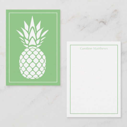 Preppy White Pineapple on Sage Green ノートカード (正面/裏面)