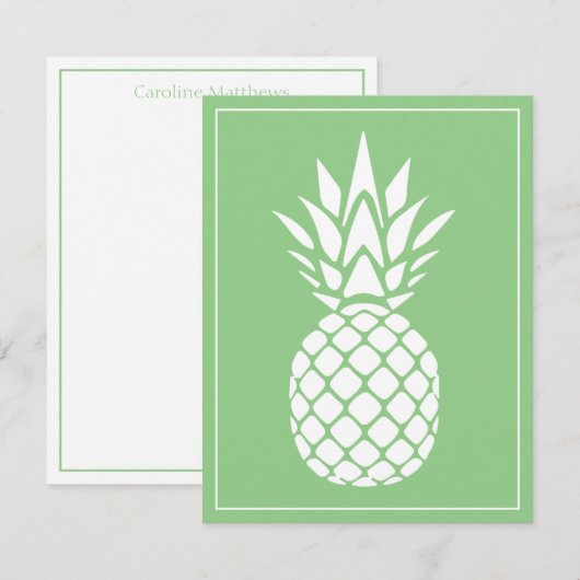 Preppy White Pineapple on Sage Green ノートカード (正面/裏面)