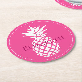 Preppy White Pineapples on Pink ラウンドペーパーコースター