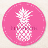 Preppy White Pineapples on Pink ラウンドペーパーコースター (正面)