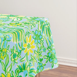 Preppy Yellow and Green Lion With Flowers Coastal テーブルクロス