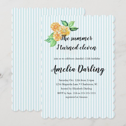 Preppy Yellow Flower Stripe Summer I turned Eleven 招待状 (正面/裏面)