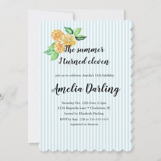 Preppy Yellow Flower Stripe Summer I turned Eleven 招待状 (正面)