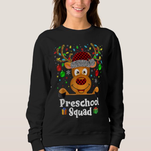 Preschool Squad Teacher Plaid Reindeer Hat Santa C スウェットシャツ (正面)