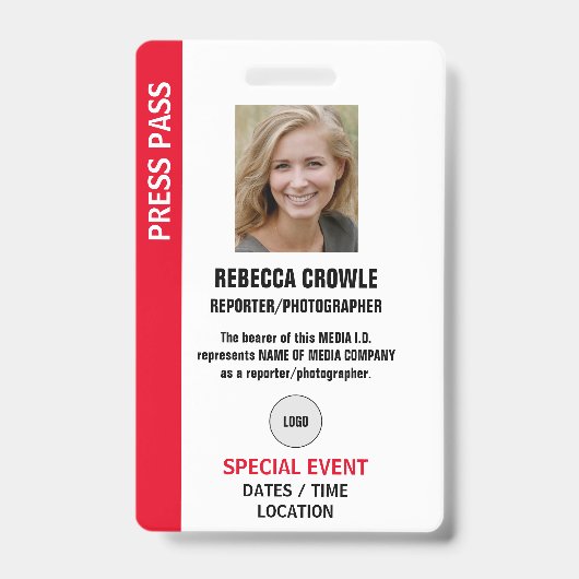 PRESS PASS Photo I.D. Badge バッジ (正面)