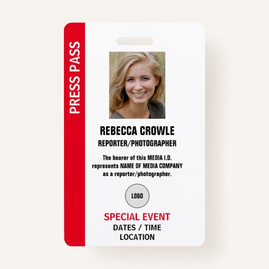 PRESS PASS Photo I.D. Badge バッジ (正面)