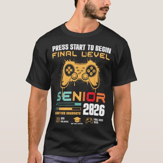 Press Start To Begin Final Level Senior 2026 Gamer Tシャツ (正面)