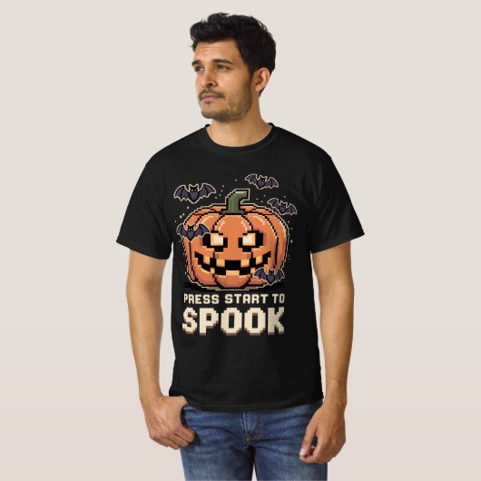 Press Start to Spook - Pixel Kürbis Halloween Tシャツ (正面フル)