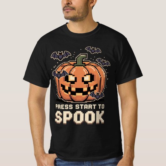 Press Start to Spook - Pixel Kürbis Halloween Tシャツ (正面)