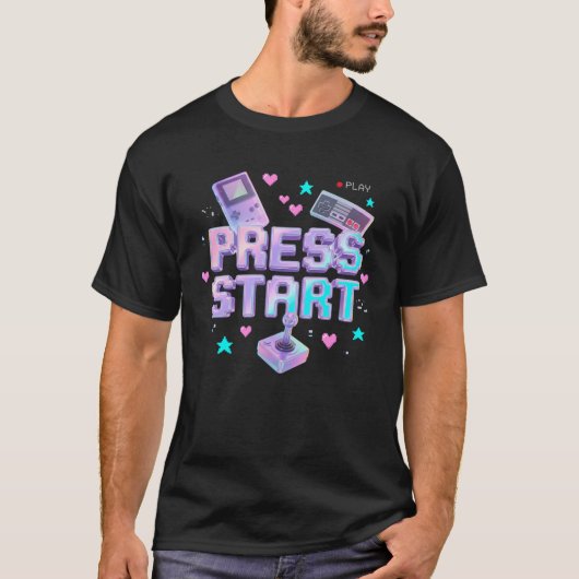 Press Start Y2K レトロゲーム アーケードクローム 90年代 ゲーム Tシャツ (正面)
