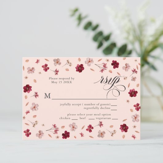 Pressed Red Pink and Cream, floral Response Card 出欠カード (スタンド正面)