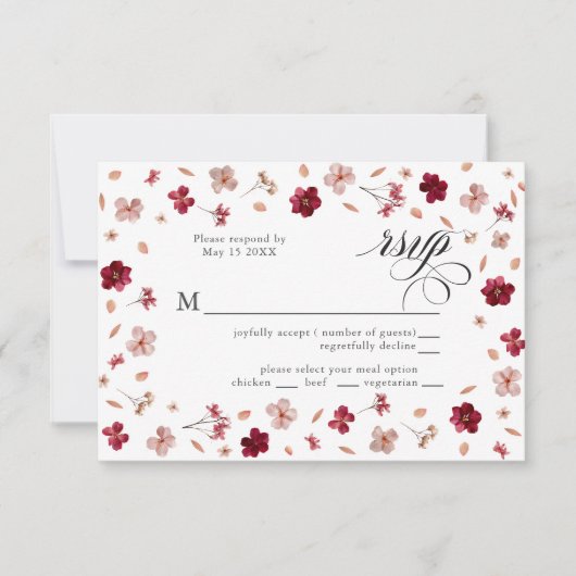 Pressed Red Pink and Cream, floral Response Card 出欠カード (正面)
