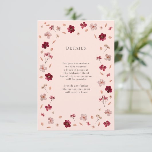 Pressed Red Pink and Cream, floral Wedding Details エンクロージャーカード (スタンド正面)