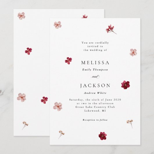 Pressed Red Pink and Cream, floral Wedding Invitat 招待状 (正面/裏面)