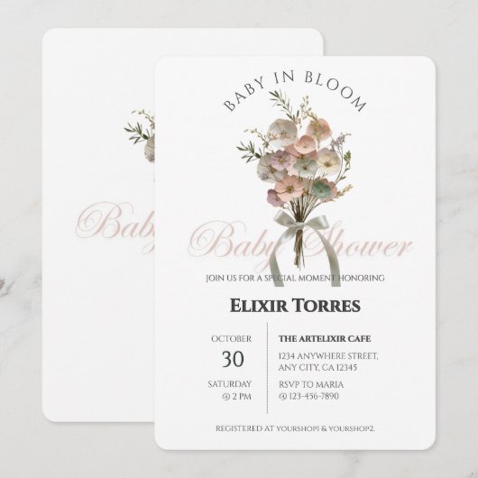 Pressed Wildflower Baby in Bloom Boho Baby Shower 招待状 (正面/裏面)