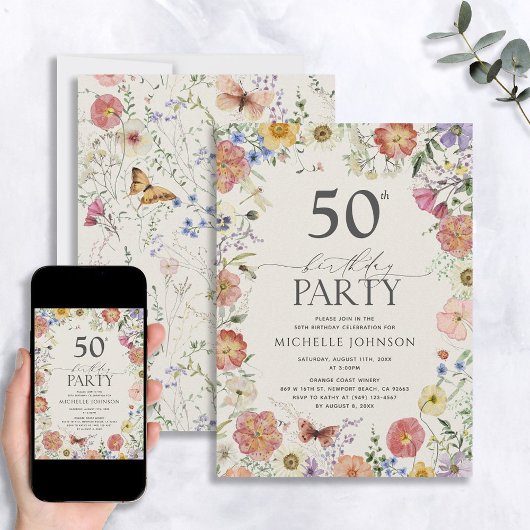 Pressed Wildflower Floral Frame 50th Birthday Invi 招待状
