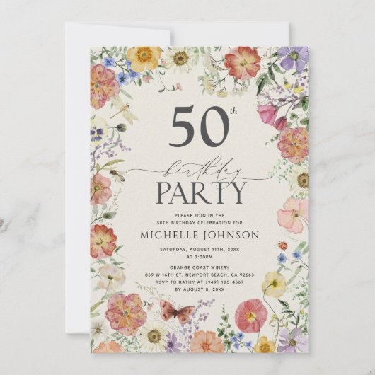 Pressed Wildflower Floral Frame 50th Birthday Invi 招待状 (正面)