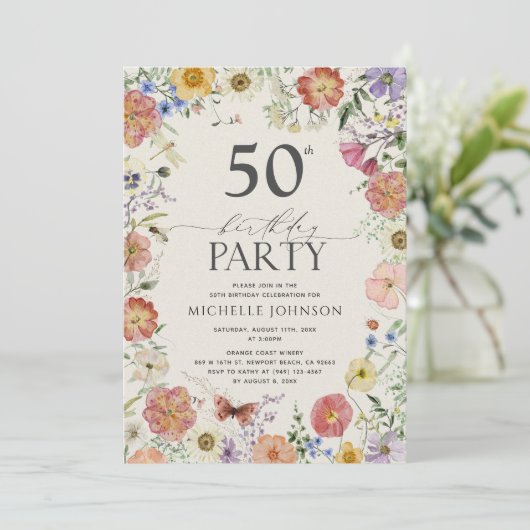 Pressed Wildflower Floral Frame 50th Birthday Invi 招待状 (スタンド正面)