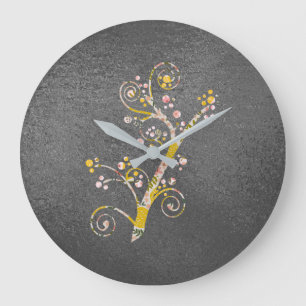 Pretty Abstract Yellow and Gray Cherry Blossom ラージ壁時計