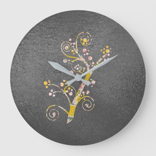 Pretty Abstract Yellow and Gray Cherry Blossom ラージ壁時計 (正面)
