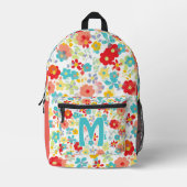 Pretty Aqua Blue Blush Pink Red Floral Pattern プリントバックパック (正面)