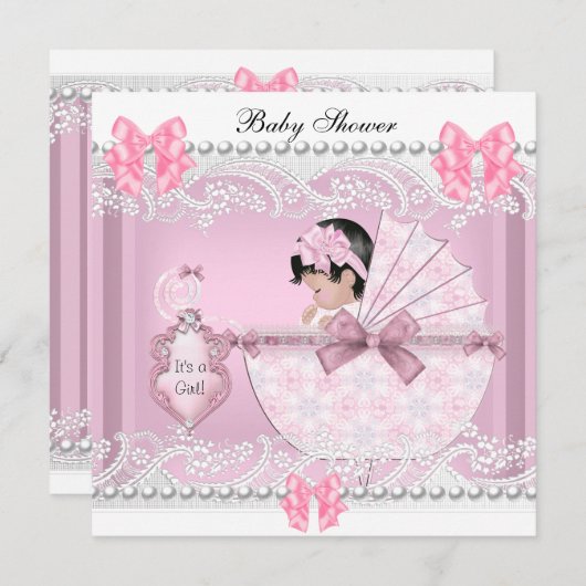 Pretty Baby Shower キュートな女の子 ピンク ヴィンテージ 招待状 (正面/裏面)