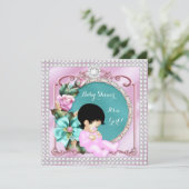 Pretty Baby Shower 花のテールピンクのブルネットベイビー 招待状 (スタンド正面)