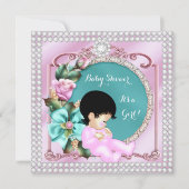 Pretty Baby Shower 花のテールピンクのブルネットベイビー 招待状 (正面)