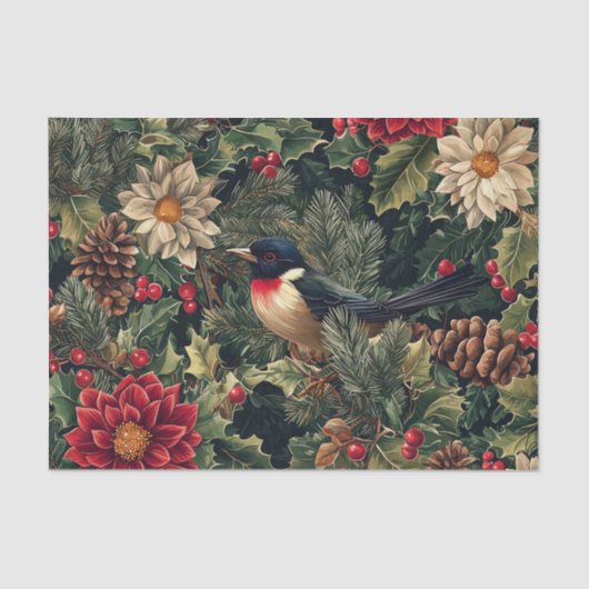 Pretty Bird on Pine Tree Branches with Flowers 薄葉紙 (正面)