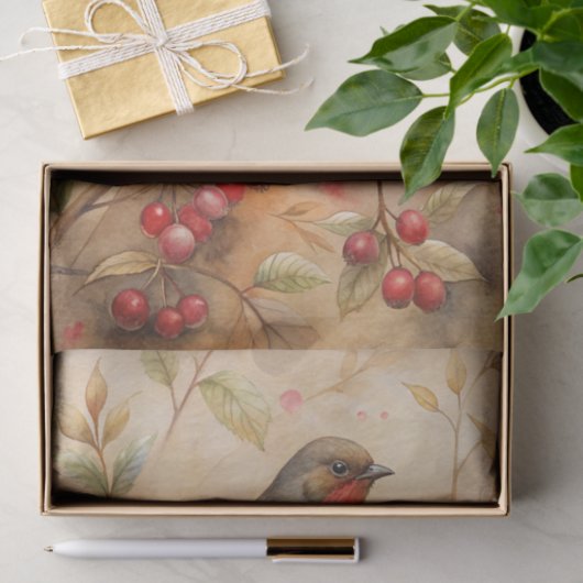 Pretty Bird Perched on a Branch with Red Berries 薄葉紙 (ギフト)