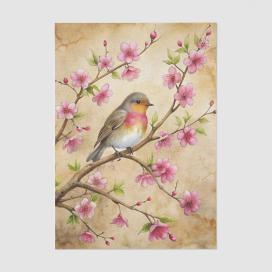Pretty Bird Perched on Pink Floral Branch 薄葉紙 (正面)