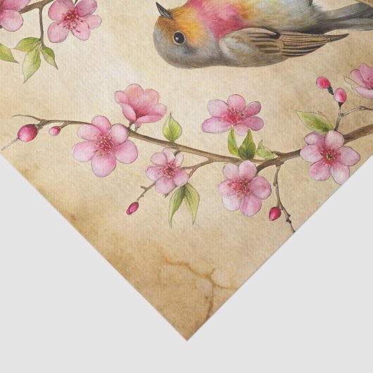 Pretty Bird Perched on Pink Floral Branch 薄葉紙 (詳細)