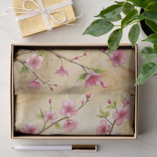 Pretty Bird Perched on Pink Floral Branch 薄葉紙 (ギフト)