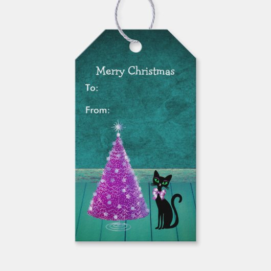 Pretty Black Cat Bow Pink Christmas Tree Teal ギフトタグ (正面)