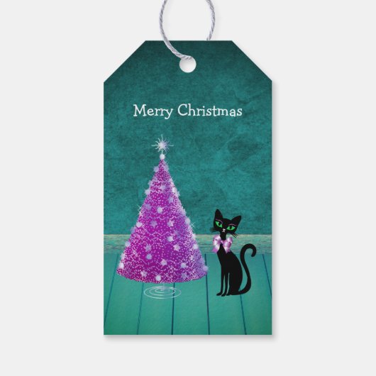 Pretty Black Cat Bow Pink Christmas Tree Teal ギフトタグ (裏面)