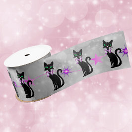 Pretty Black Cats Pink Bows Stars on White Circles サテンリボン