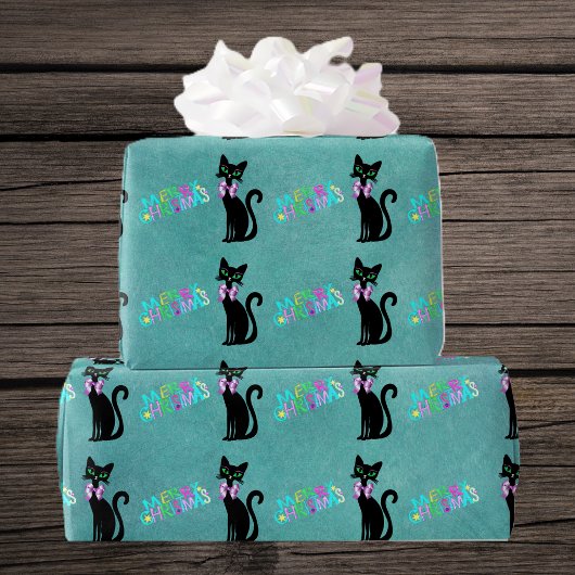 Pretty Black Mid Century Cat Pink Bow Christmas ラッピングペーパー
