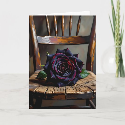 Pretty Black Rose on Rustic Chair Valentine's Day カード (正面)