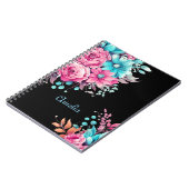 Pretty Black with Pink & Teal Watercolor Florals ノートブック (左側)