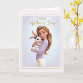 Pretty Blonde Mama Snuggling Her Baby Bunny Girl カード (黄色い花)