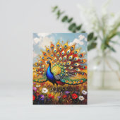 Pretty Blue and Gold Peacock Keeping in Touch ポストカード (スタンド正面)