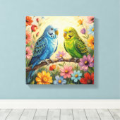 Pretty  Blue and Green Parakeets  キャンバスプリント (インサイチュ (ウッドフロア))