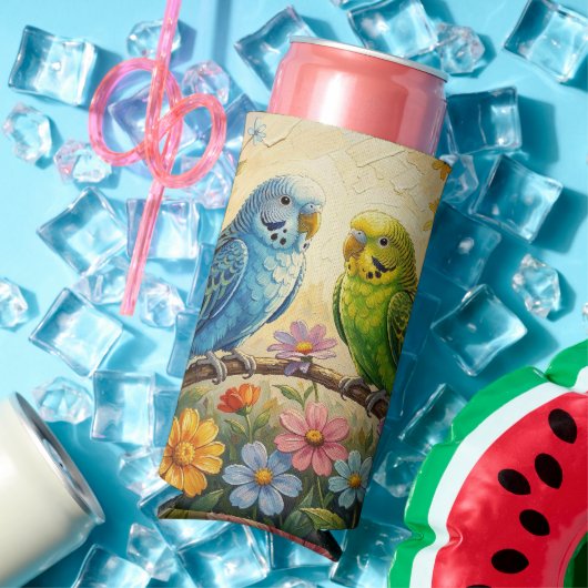 Pretty  Blue and Green Parakeets  スリム缶クーラー (インサイチュ 夏)