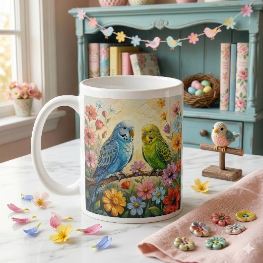Pretty  Blue and Green Parakeets Personalized コーヒーマグカップ