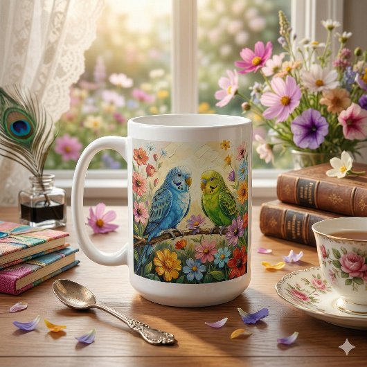 Pretty  Blue and Green Parakeets Personalized コーヒーマグカップ