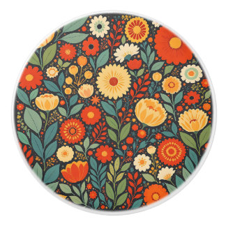 Pretty Blue and Orange Floral Folk Art セラミックノブ