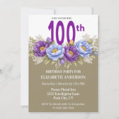 Pretty Blue and Purple Peony 100th Birthday 招待状 (正面)