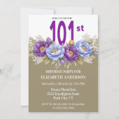 Pretty Blue and Purple Peony 101st Birthday 招待状 (正面)