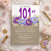 Pretty Blue and Purple Peony 101st Birthday 招待状