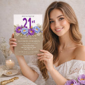 Pretty Blue and Purple Peony 21st Birthday 招待状